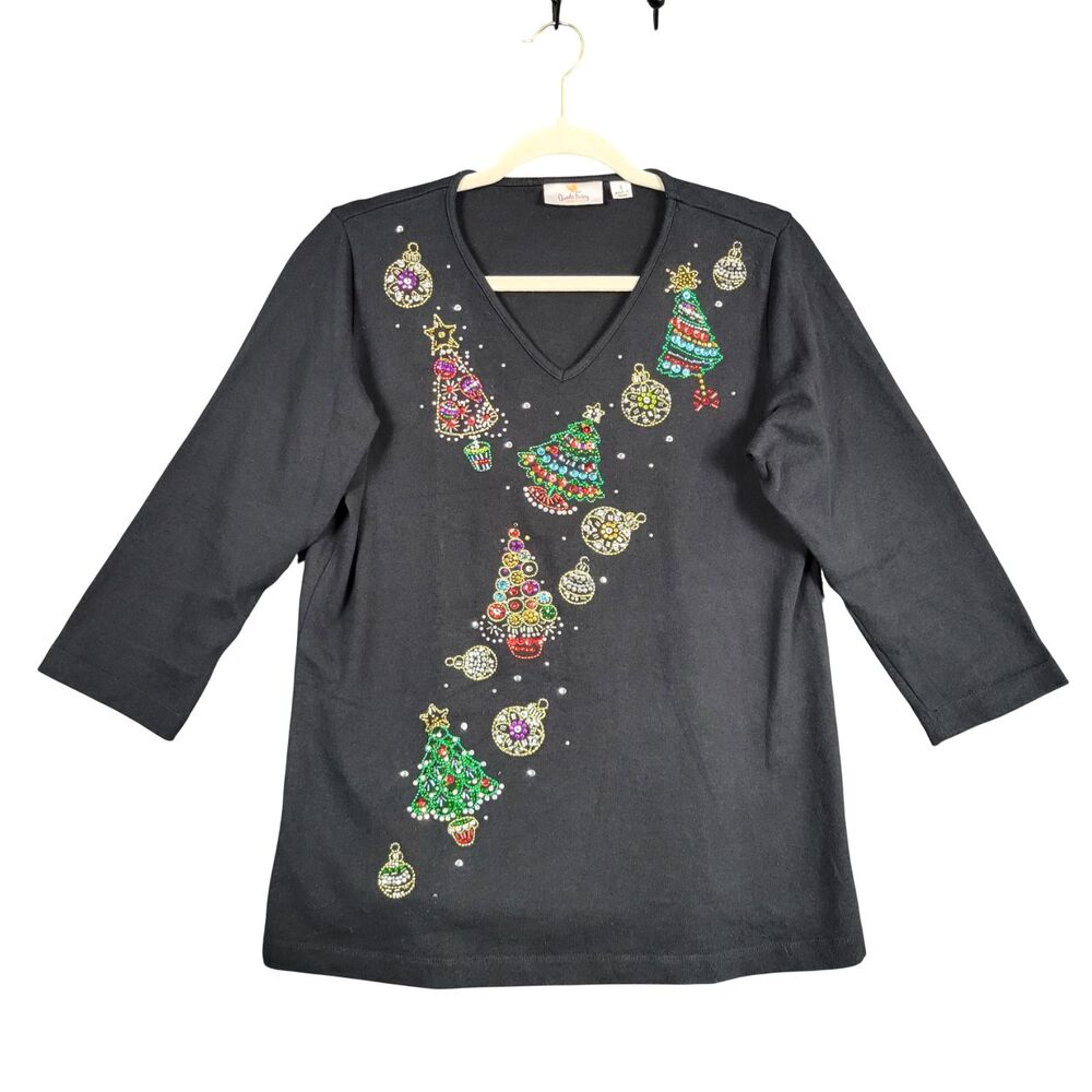QUACKER FACTORY Black Beaded Christmas Tree Ornament Holiday Sweater SIZE SMALL
